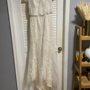 Size 8 David’s bridal dress. Unaltered- silk slip under the top layer